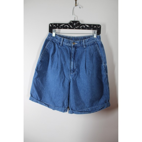 Eddie Bauer Pants - Vtg 90s Eddie Bauer 12 Blue Denim Shorts Pleated High Rise Elastic Waist Cuffed